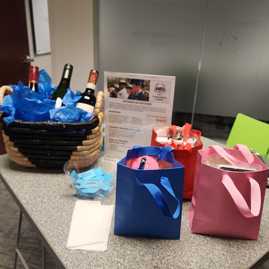 Gifts line the table at the WID Central Florida Membership Appreciation event.